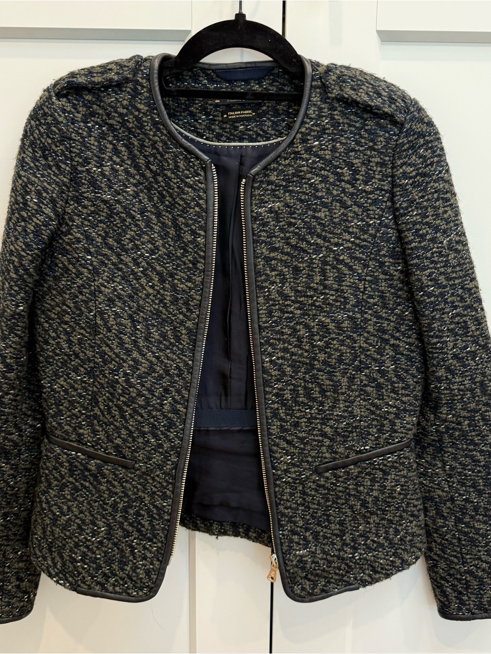 Massimo Dutti Navy and Olive Tweed Zip-Front Jacket